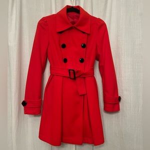 Women’s XS red, double-breasted coat with belt